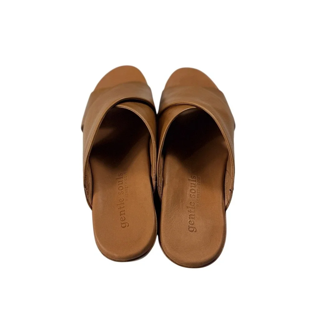 Gentle Souls Mikenzie Wedge Sandals Womens 9.5 Cognac Leather X-Strap